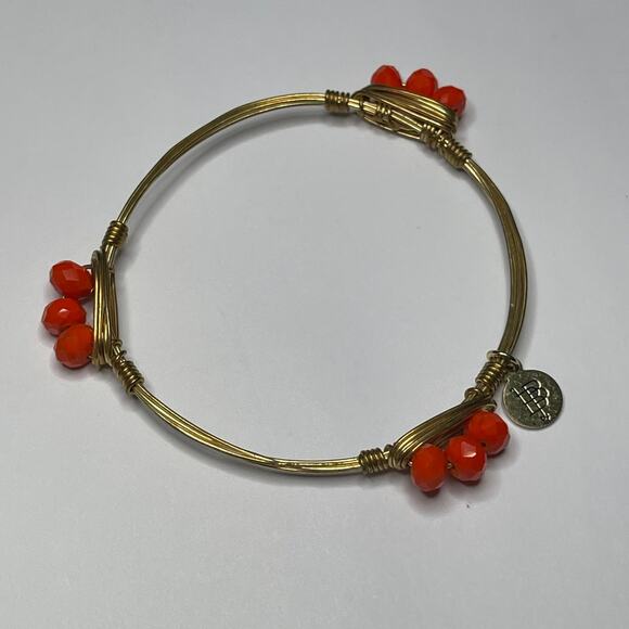 BOURBON & BOWETIES gold tone bracelet bangle orange – red beads wire wrapped - Picture 1 of 7